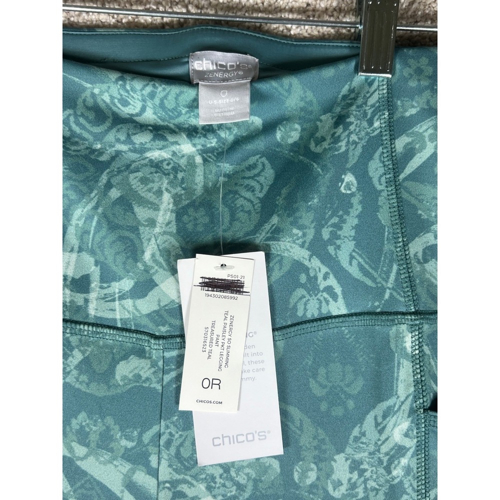 Chicos Zenergy So Slimming 0 NWT Teal Paisley Pocket Leggings Athletic - Picture 2 of 8